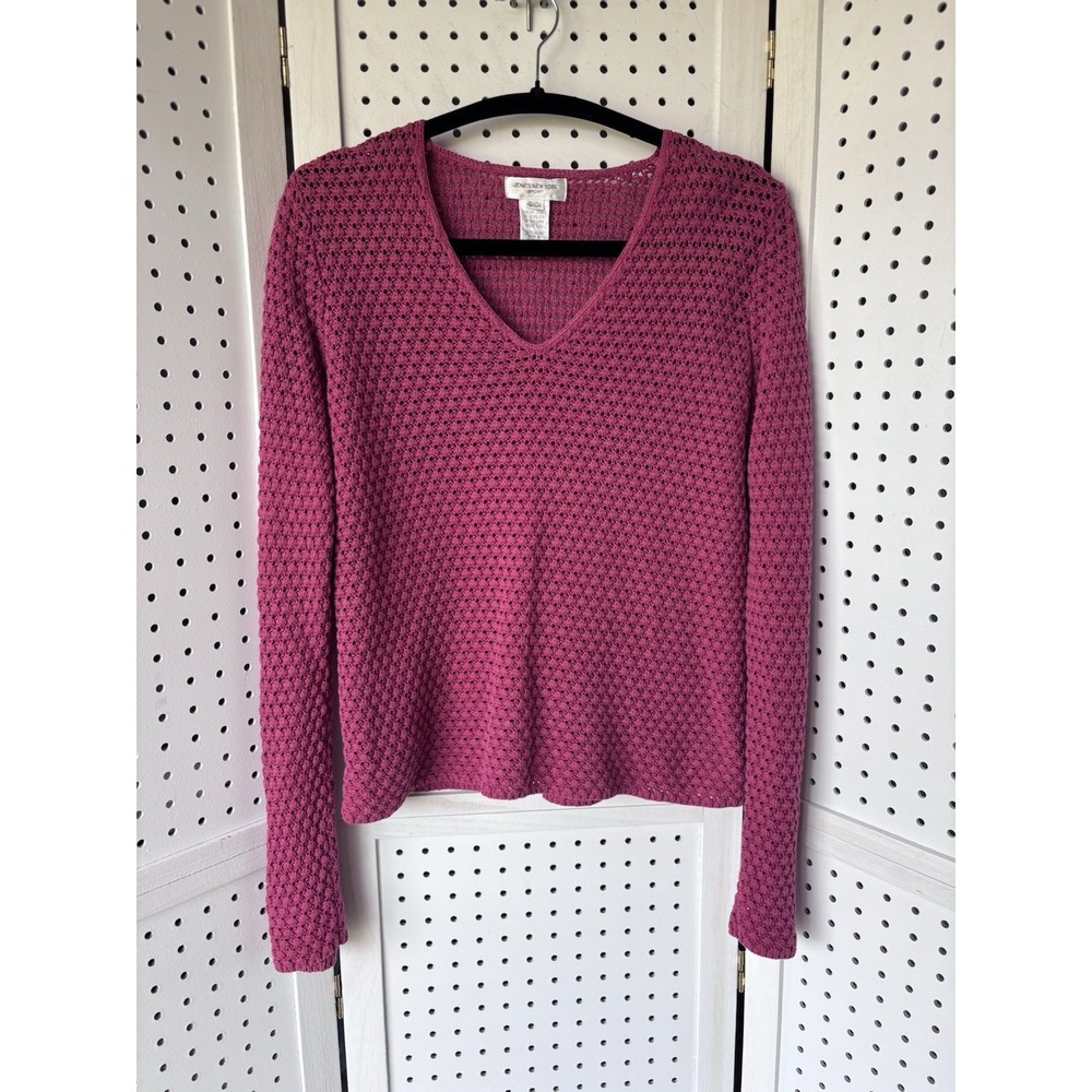 Jones New York Sport Women's Small V Neck Open Knit Sweater Pullover Pink Cotton